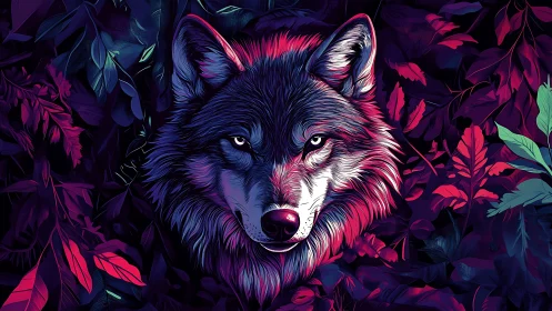 Wolf head centered in high contrast neon foliage illustration