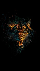 Flaming neon tiger roar emerging from deep black void.