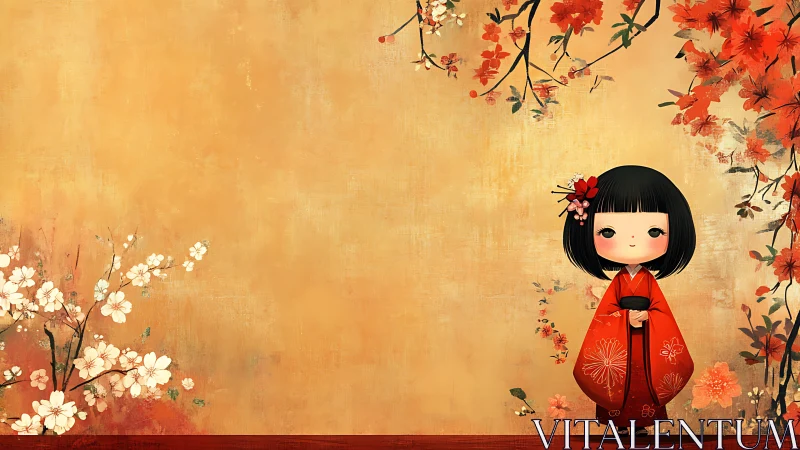 Kawaii girl in red kimono amid stylized cherry blossoms on gold