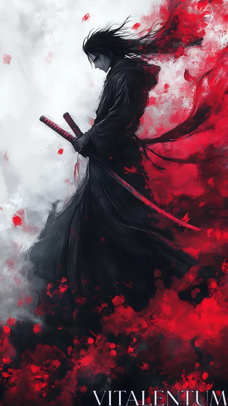 Solitary samurai silhouette dissolves into abstract crimson mist