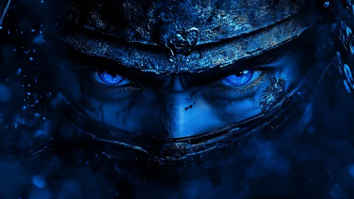Close frontal view of armored figure with blue illuminated eyes.