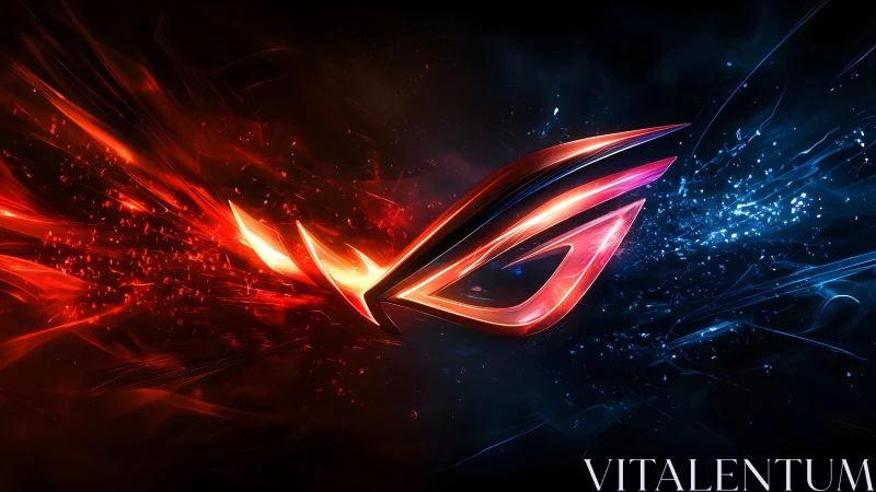 Futuristic red and blue ROG logo digital art with energy effects.