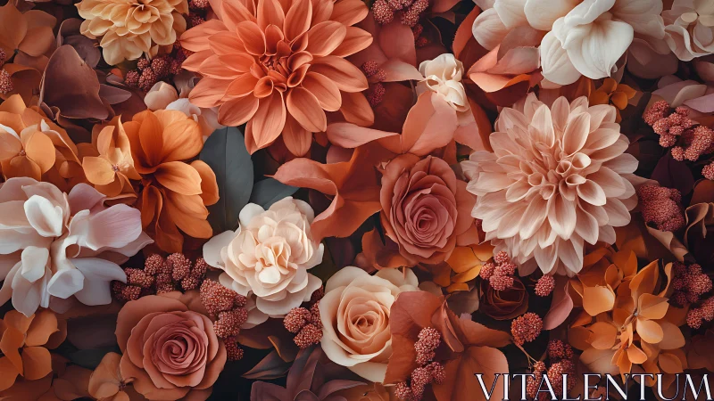 Warm Floral Arrangement: Dahlias, Roses, Berries on Dark Background