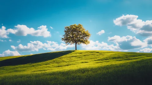 Lone tree on grassy hill under blue sky, bright landscape photo.