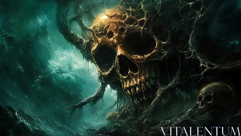 Drowned titan skull smolders through storm-torn abyssal surf