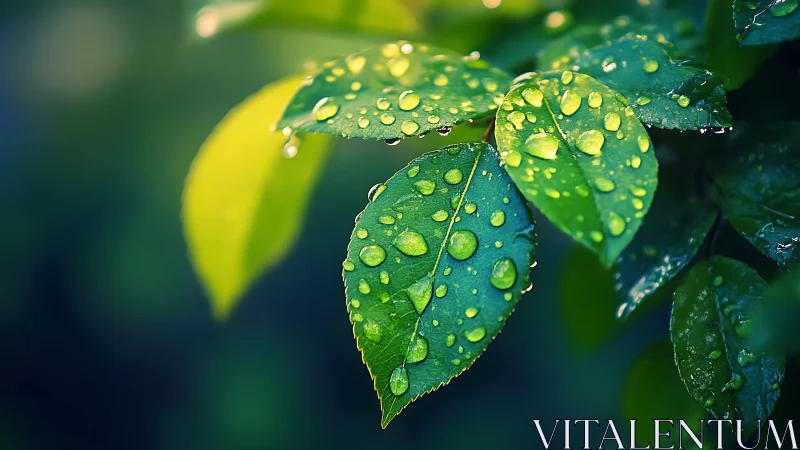 Rain-kissed green leaves with luminous water droplets