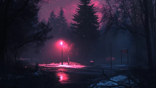 Snowy road and forest under magenta streetlight at night.