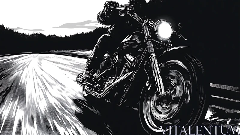 Motorcycle rider leans into motion on a dark rural highway