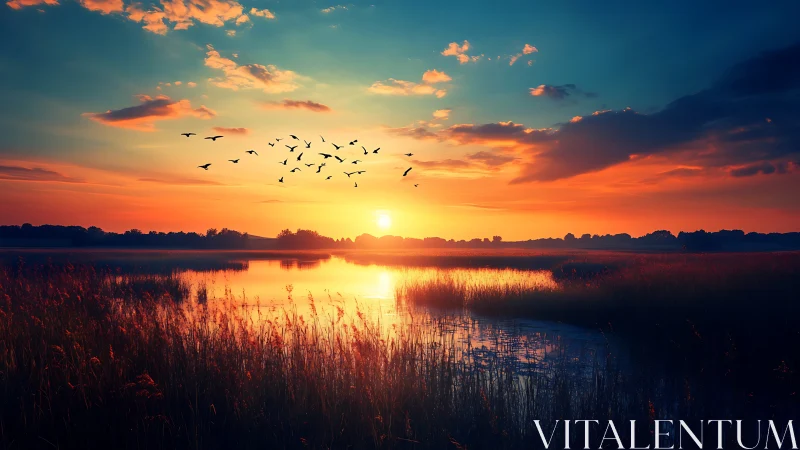 Sunlit wetland horizon with birds over reflective water.