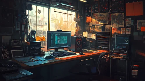 Creative tech studio glows with music, code and evening light