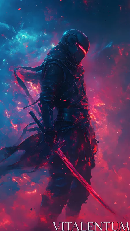 Neon-lit cyber samurai stands within swirling cosmic haze.