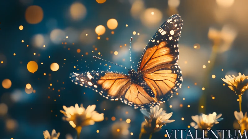 Glowing monarch butterfly drifting through dreamy wildflowers.