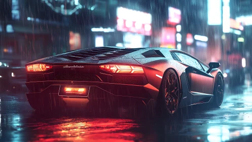 Supercar parked on wet neon city street at night.