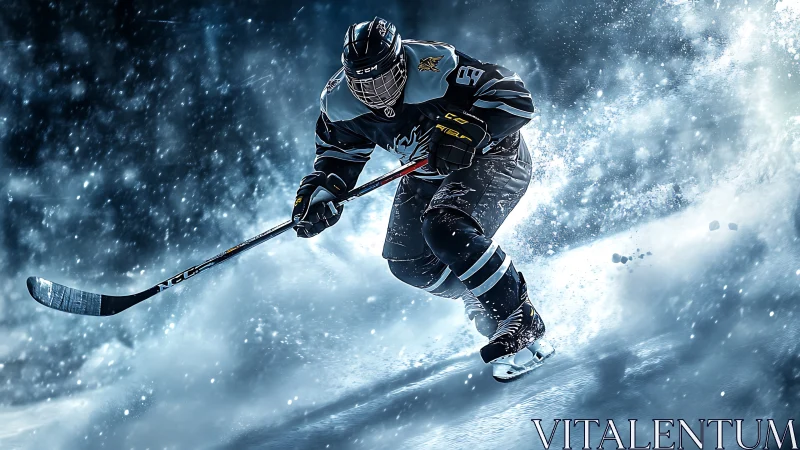 Blazing icebreaker hockey player slicing through frozen storm.