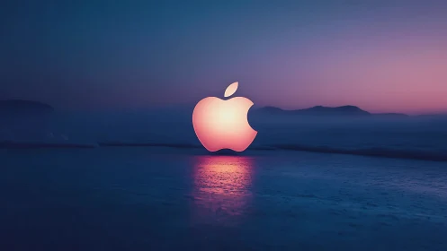 Glowing apple logo floats above misty ocean horizon at dusk