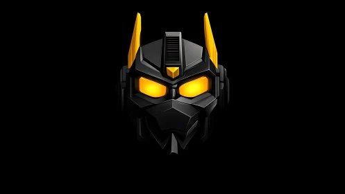 Futuristic black mech helm with glowing amber optics.