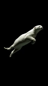 White otter-like mammal suspended against black background.