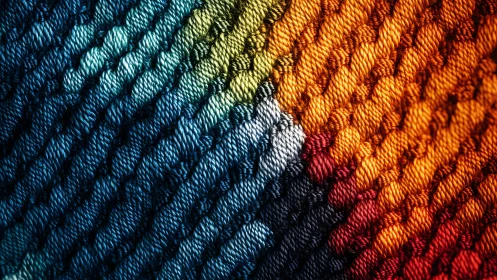 Colorful close-up of woven textile threads in diagonal pattern.