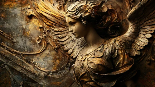 Gilded stone seraph in ornate bas‑relief, aging gracefully.