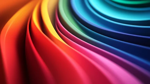 Curved rainbow ribbons flow in smooth, layered waves of color.