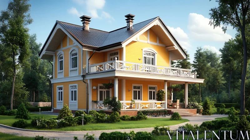 Sunny two story country house with wide wraparound porch