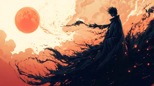 Solitary dark mage dissolves into fiery cosmic storm