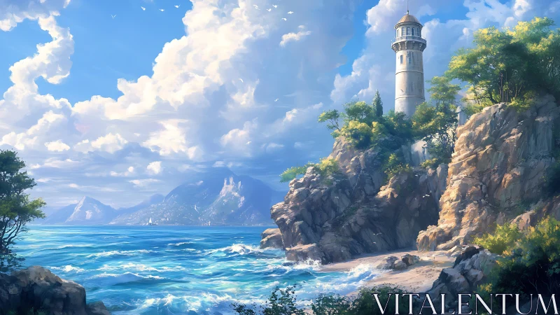 Coastal Lighthouse Standing Vigil on Rocky Seaside Cliff.