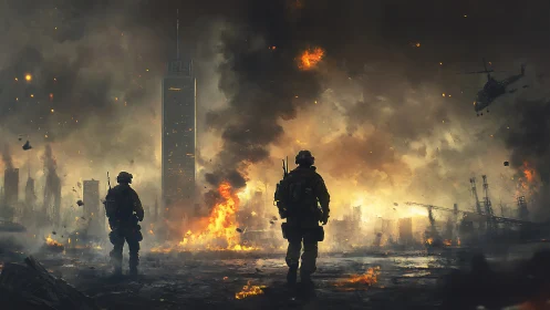 Urban battlefield soldiers in inferno-lit war-torn skyline.