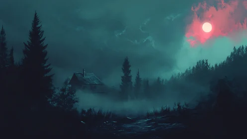 Solitary Forest Cabin Under Pink Moon.