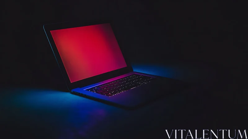 Open laptop glows with neon red and blue light in darkness
