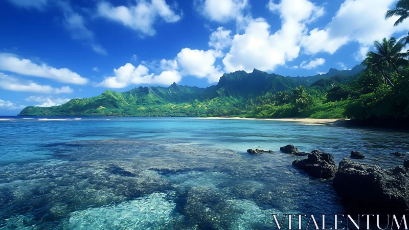 Tropical Paradise Beach with Verdant Mountains Meeting Turquoise Waters