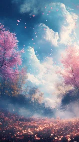 Petal-drift meadow beneath towering dream-bright clouds.