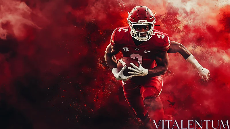 Football runner drives through explosive red smoke field.