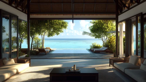 Open-air tropical lounge frames serene oceanfront horizon