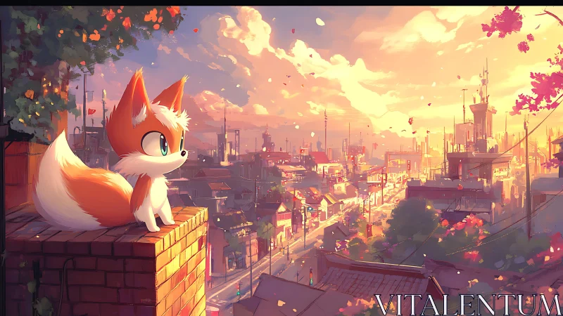 Sunset fox surveys a neon kissed city from a quiet rooftop
