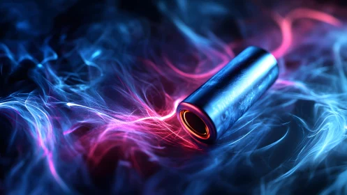 Futuristic Battery Cylinder with Neon Energy and Smoky Effects.