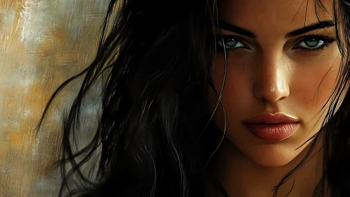 Intense digital portrait of woman with dark flowing hair.