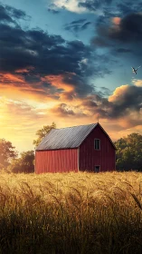 Sunlit red barn in ripe wheat field under dramatic clouds