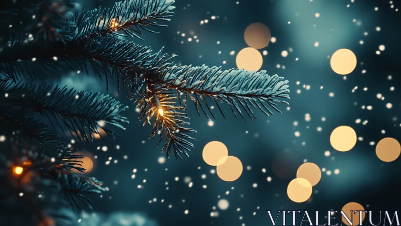 Frost‑kissed fir needles twinkling amid drifting winter bokeh.