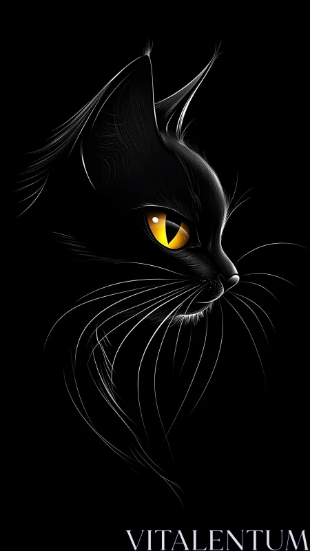 Black Cat Portrait with Luminous Golden Eyes on Dark Background