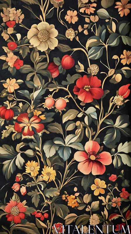 Ornate botanical tapestry on deep charcoal ground.