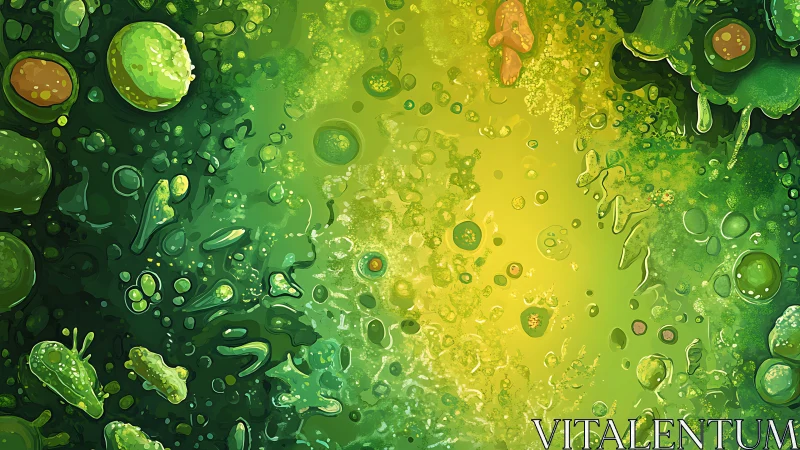 Lively green microcosm swirling in soft golden light.