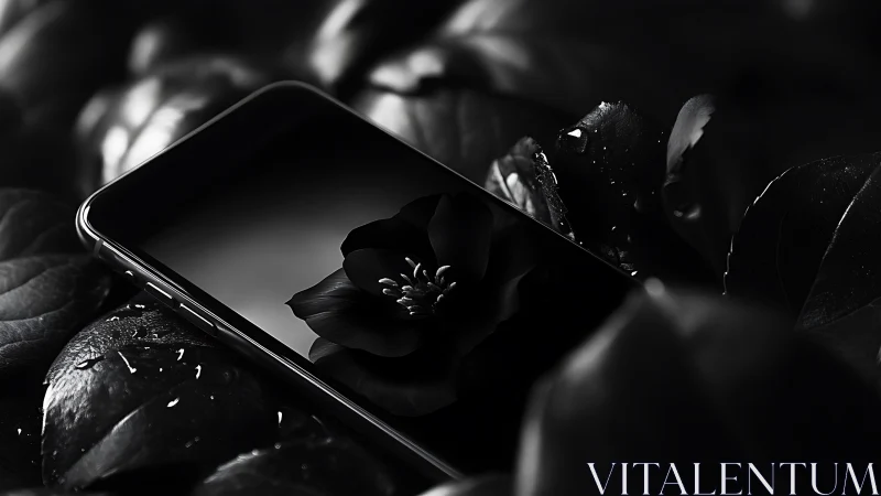 Black Petals Rest Against Smartphone Screen.