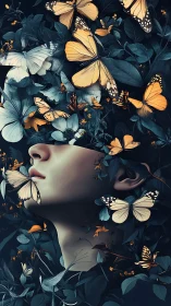 Human face emerges among butterflies and overlapping foliage