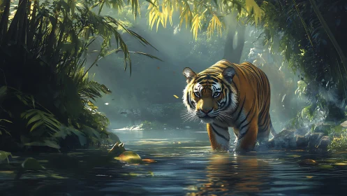 Gentle tiger explores a sunlit jungle stream with quiet grace.