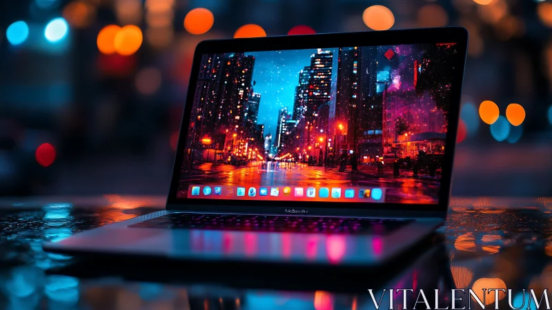 City lights glow across a laptop screen on a rainy night