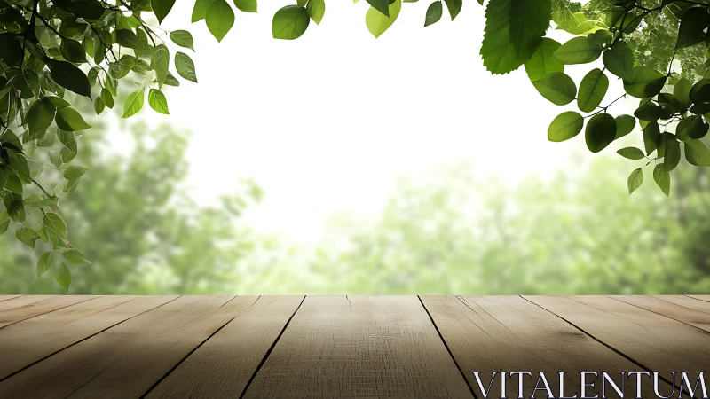 Wooden tabletop under leafy canopy with bright bokeh forest