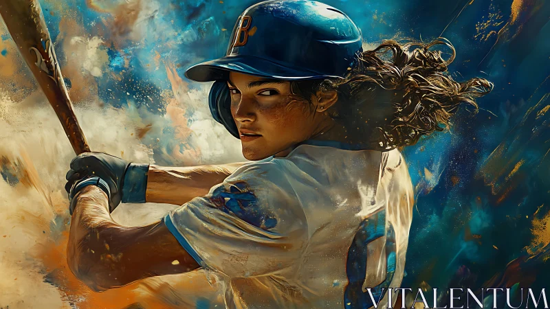 Dynamic softball batter in mid-swing with kinetic paint dispersion