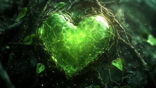 Luminescent Heart Entwined in Verdant Vines and Nature's Glow.