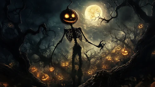 Whimsical pumpkin skeleton leading a moonlit spooky forest.